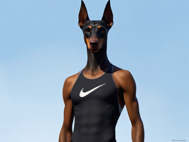 A tall anthropomorphic Doberman with a long torso and broad shoulders wearing a high cut Nike one piece swimsuit and swimming goggles