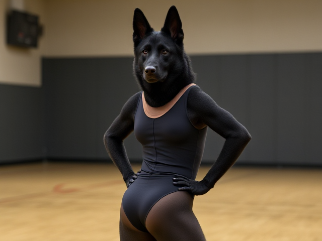 Anthropomorphic black German shepherd wearing a gymnastics leotard, posing with emphasis on its hips in a gymnasium setting, detailed and vibrant colors