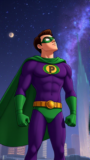 Modern Cartoon scene: A young, Autistic 25-year old boy with light skin and flat, smooth, and slick brown hair named T.J. Granger, but transformed into a genetically-altered superhero named Powerman, who, despite still being a young adult kid, has an extremely muscular body. He wears a sleek purple suit with a green P symbol on his chest, a gold belt with a circular buckle, green briefs, green boots, green long-cuffed gloves, a really big, toe-length long, ultra-wide green cape wreathed around his neck, and a green eye mask that protects his true identity. He also has incredible and invincible superpowers flowing through his veins. In this scene, Powerman is currently standing in the alien city on his masters' home planet of Zantal deep in outer space, where he looks up to the cosmic starry skies with a VERY SERIOUS look of justice and anger, sensing that something is wrong, and he knows he must investigate.