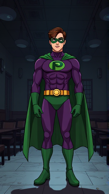 Dramatic Comic Book Cartoon scene: A young, Autistic 25-year old boy with light skin and flat, smooth, and slick brown hair with a singular curled bang in the shape of a P sticking out at the front named T.J. Granger, but transformed into a genetically-altered superhero named Powerman, who, despite still being a young adult kid, has an extremely muscular body. He wears a sleek purple bodysuit with a green P symbol on his chest, a golden belt with a circular buckle, green briefs, green boots, green long-cuffed gloves, a really big, toe-length long, ultra-wide green cape wreathed around his neck, and a green eye mask that protects his true identity. He also has incredible and invincible superpowers flowing through his veins. In this scene, Powerman is currently standing in a dark, abandoned restaurant by himself, intently awaiting the arrival of someone he knows.