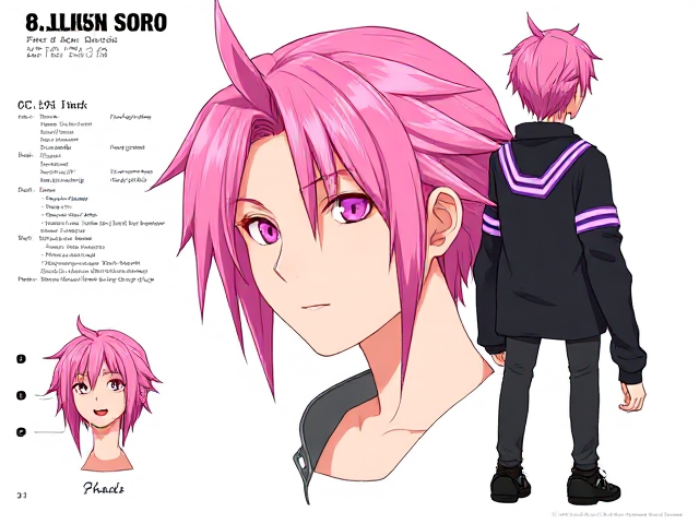 My hero academia oc ref sheet. Neon pink hair with purple strip. Half body view