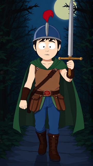 Dramatic Cartoon scene: Stan Marsh from South Park, light skin and black hair, but as a 14-Year Old teenager with a muscular torso, dressed as a medieval warrior, wearing a light brown tank top, a black belt with a red buckle adorned with a castle emblem with brown pouches and the scabbard for his enchanted sword attached to it, blue jeans, steel armored boots, jeweled wrist cuffs, a really big, heel-length long, ultra-wide green cape held up by two silver buttons with red jewels with a strong unbreakable wire connecting them both, and a blue helmet with buffalo emblems on both sides, outlined by silver steel rims going around and across the top, with a really long red feather sticking out at the top. He is now known as Sir Marsh. Despite still being a teenage kid, he is the Youngest Commander of the Zaronian Army, and one of the youngest and greatest heroes hailing from South Park, Colorado, but now reborn as the real life Kingdom of Kupa Keep, Zaron. With his signature enchanted sword, the Slashing Blade Of The Ranger, held tightly in his hand, the young teenage hero is currently walking through a dangerous bramble maze in the dark of the night as he searches for the way out. His cape billows majestically as he walks.