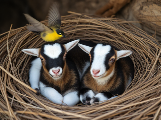 Create an image of a chubby baby goats laying in a nest with a honeyeater bird flying around it.