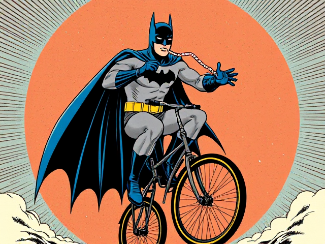 Batman riding a unicycle while drinking a milkshake with a curly straw