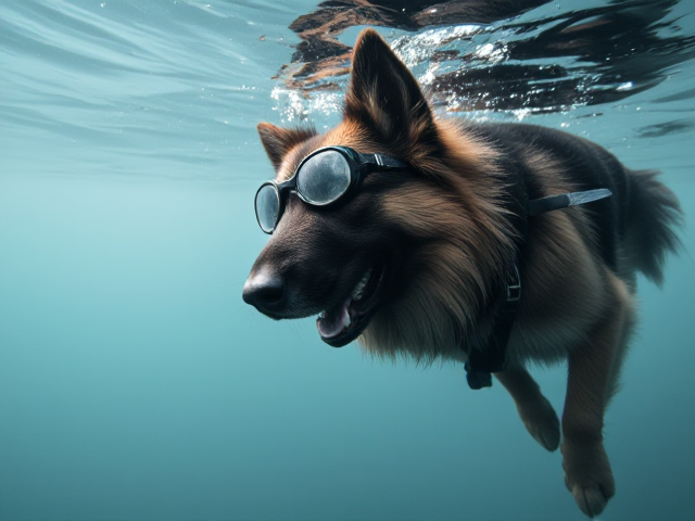 A long haired German shepherd Freediving wearing goggles hanging on to a static rope