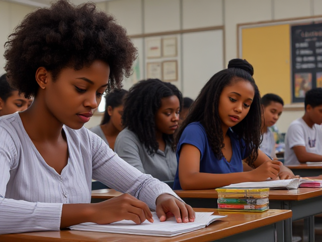 Des élèves noirs assis dans une salle de classe, concentrés sur un devoir, avec des bureaux et du matériel scolaire visible autour d'eux, lumière naturelle entrant par les fenêtres