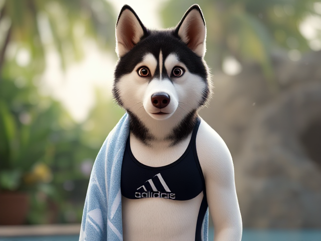 A tall anthropomorphic Siberian husky wearing a adidas swimsuit drying off with a towel 27826409