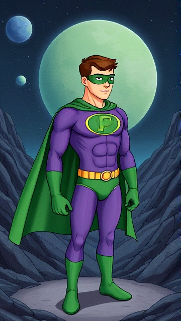 Dramatic Comic Book Cartoon scene: A young, Autistic 25-year old boy with light skin and flat, smooth, and slick brown hair named T.J. Granger, but transformed into a genetically-altered superhero named Powerman, who, despite still being a young adult kid, has an extremely muscular body. He wears a sleek purple suit with a green P symbol on his chest, a gold belt with a circular buckle, green briefs, green boots, green long-cuffed gloves, a really big, toe-length long, ultra-wide green cape wreathed around his neck, and a green eye mask that protects his true identity. He also has incredible and invincible superpowers flowing through his veins. In this scene, Powerman is currently standing in a dark valley on a mysterious alien planet in outer space that needs his help, ready to begin his investigation.