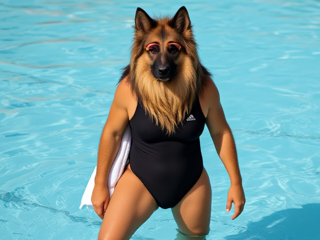 A tall anthropomorphic long haired german shepherd with large hips wearing an adidas swimsuit and swimming goggles drying off with a towel