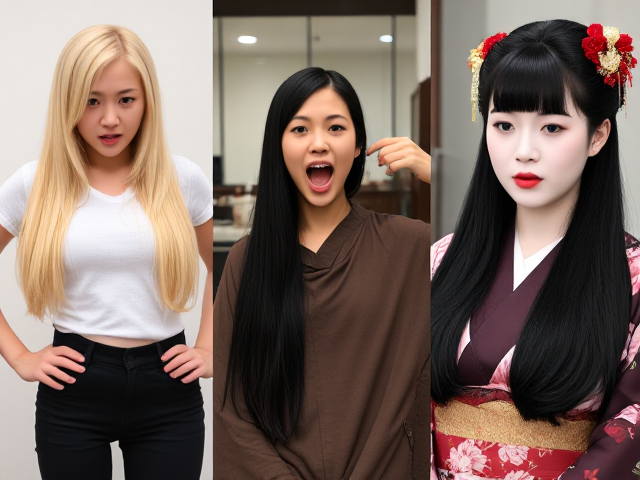 A triptych image with a caption 'Transform for work!' The left panel shows a blonde East Asian high school girl with long hair, standing in a rebellious pose, with an aura of defiance. In the central panel, the same girl is at a hair salon, mouth open in mid-shout, with hair being soaked and dyed black, her face showing shock and dismay. The right panel shows her transformation into a traditional geisha, with styled black hair, white face makeup, red lipstick, and a calm, demure expression, dressed in a kimono. The overall image showcases a drastic change in appearance from rebellious youth to cultural elegance.