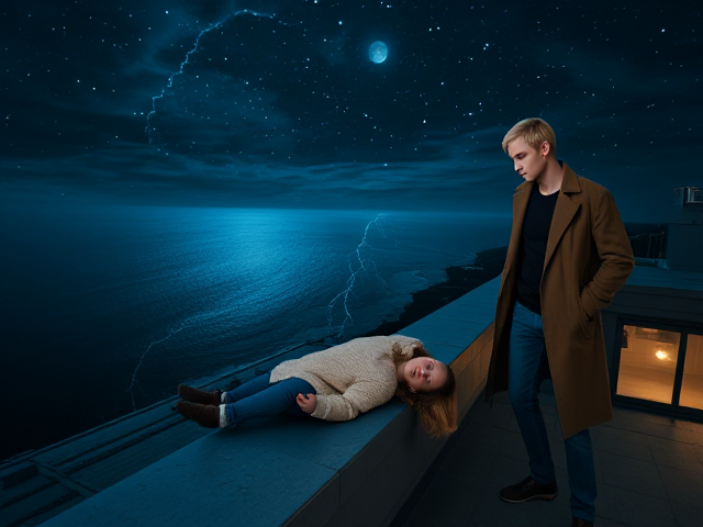 A petite 12-year-old girl with strawberry blonde hair, wearing a cozy pullover and jeans, is lying on the roof ledge of a night club. She is on her back, gazing up at the night sky filled with stars. Next to her on the roof, standing nearby is a modern-day, pale skinned vampire in his late twenties, with striking blonde hair, dressed in a brown trench coat and jeans. He appears uneasy as he looks downward. A thunderstorm approaches from the nearby sea shore.