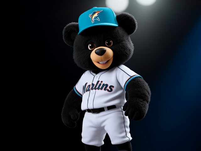 A tall built human teddy bear black fur brown eyes wearing a Marlins uniform teal hat with a marlin logo white baseball jersey  white baseball pants with teal and black piping black socks teal cleats smiling