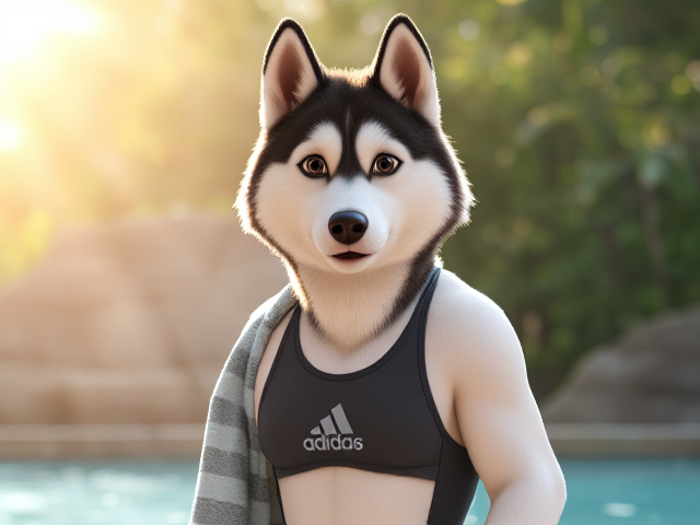 A tall anthropomorphic Siberian husky wearing a adidas swimsuit drying off with a towel 27826409