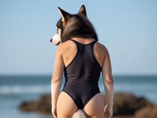 A anthropomorphic Siberian husky wearing a sportback swimsuit