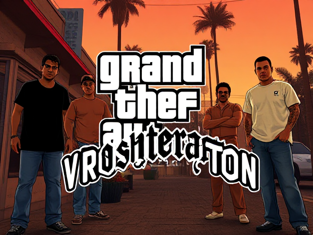 Design a poster inspired by the iconic GTA San Andreas loading screen style, replacing the title with 'VROSHAMPTON' in the exact GTA San Andreas font. The poster should reflect the same bold, comic-style visuals and include five characters similar to those seen in GTA San Andreas. Keep the characters subtle and slightly blurred in the background, while the focus remains on the text 'VROSHAMPTON.' Add soft film grain and cinematic lighting for realism, resembling the quality of a Panavision Panaflex camera from 80s movies. The backdrop should evoke a Los Santos (Los Angeles) urban street vibe, ensuring the design captures the essence of a GTA San Andreas poster.
