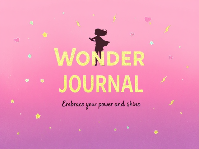 Background: A vibrant gradient background transitioning from soft pink to purple, evoking a sense of energy and inspiration.

Title: The title “Wonder Woman Journal” should be prominently displayed at the center in a bold, playful font. Use a gold foil finish to make it stand out and catch the eye.

Illustrations: Incorporate whimsical illustrations around the title. These could include:

A silhouette of a girl in a superhero pose, possibly wearing a cape.
Stars, hearts, and lightning bolts scattered around the edges to symbolize empowerment and creativity.
Subtitle: Beneath the title, include the subtitle “Embrace Your Power and Shine” in a smaller, elegant font. This could also have a gold accent to maintain the cohesive look.

Textures: Add a subtle texture to the background to create depth, such as a soft watercolor effect or light sparkles that catch the light.

Color Accents: Use additional colors like mint green or soft yellow for the illustrations to create a playful yet harmonious color scheme.

Personal Touch: Include a small space at the bottom corner where girls can write their name or a personal motto, framed with a decorative border.