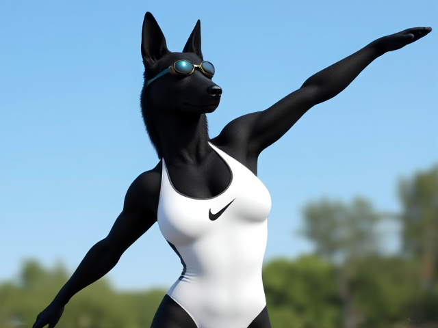 A tall and lean anthropomorphic black German shepherd with a long torso and broad shoulders wearing a white high cut Nike one piece swimsuit and swimming goggles, stretching her arms