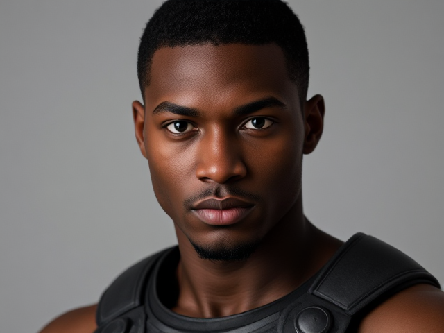 Black man, Athletic build, dark green eyes with blue flecks, short cropped black hair tapered at the bottom, 6 foot 2 inches, muscular, confident, sleek and cool armor fit for mobility