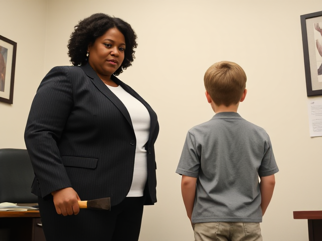 A tall, fat, black female in her 50s and dressed in a business pants suit, is a principal of an elementary school. She is standing in her office holding a spanking paddle. She has a stern facial expression. A young Caucasian boy in the 5th grade stands beside her facing the wall Rhe image we see is his backside