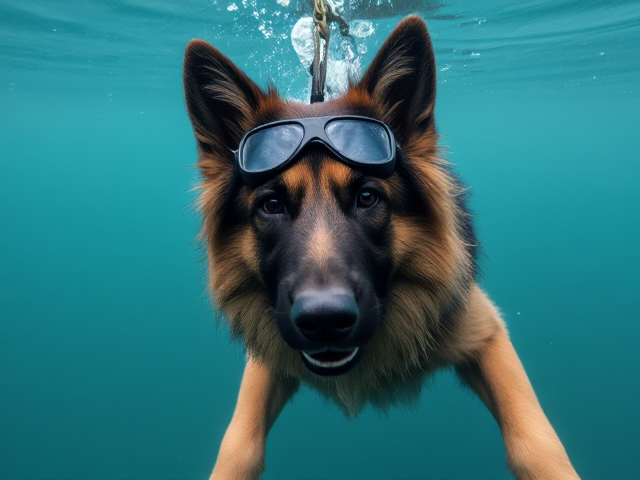 A long haired German shepherd Freediving wearing goggles hanging on to a dive line