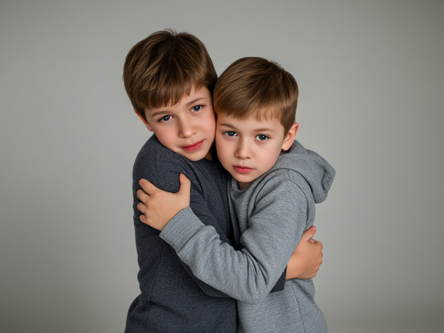 tall skinny teenage boy hugging sad little brother