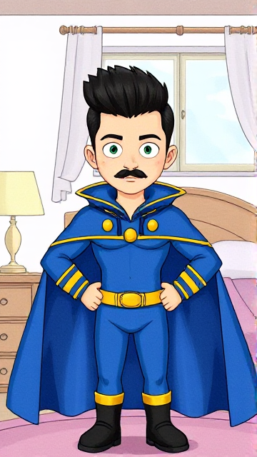 Cartoon scene: A preteen 12-year old boy with light skin and freckles on his cheeks named Kyle Lipton, but transformed into a superhero named Dr. Dimensionpants, who, despite still being a kid, has an extremely muscular body. He wears a tight blue hood outlined by a yellow line, with a smooth, slicked back black mohawk on top. He also wears a sleek blue bodysuit outlined with yellow lines on the cuffs of the sleeves and pants, a golden belt with a circular buckle, black boots, and a really big, toe-length, ultra-wide blue cape with a really big collar outlined with yellow lines wreathed around his neck held up by a golden button. The pupils in his eyes are green, and he has a black twin moustache. He also has incredible, invincible, and cosmic superpowers flowing through his veins. He is currently standing in his bedroom, his transformation complete, and is now ready for action.