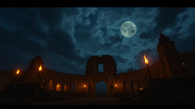 Créer une bannière, avec une ruine en dégradé ornée de motifs complexes et anciens, atmosphère brumeuse et mystique, de nuit avec un ciel étoilé, des torches enflammées illuminent les alentours avec une lumière dansante, un corbeau regardant fixement vers l'horizon, des ombres mouvantes au sol ajoutent au mystère
