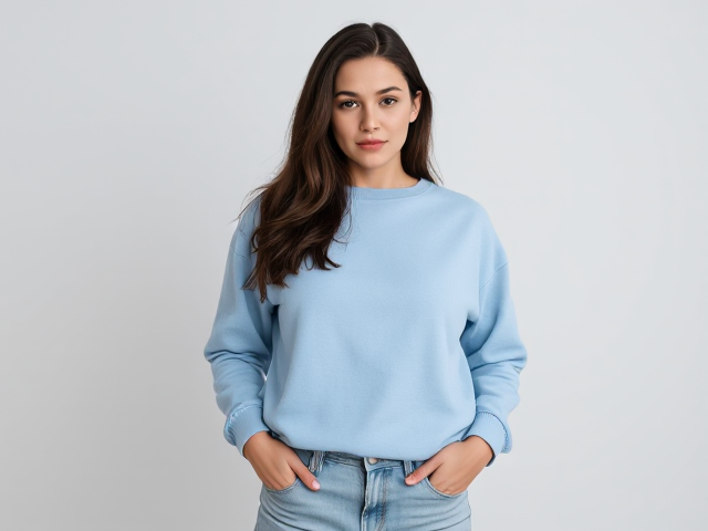 Brunette with dark brown hair wearing a light blue sweatshirt and light blue jeans rolls her eyes