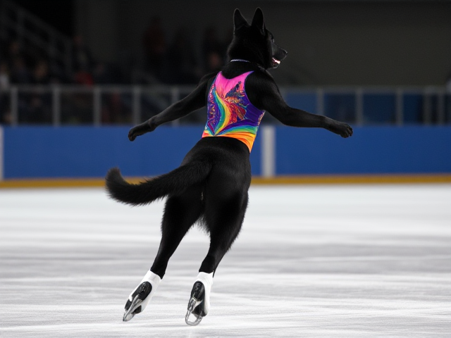 Tall, anthropomorphic black German shepherd, wearing a vibrant gymnastics leotard, gracefully ice skating on a smooth rink, dynamic motion captured