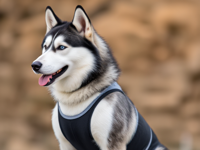 A anthropomorphic Siberian husky wearing an athletic swimsuit