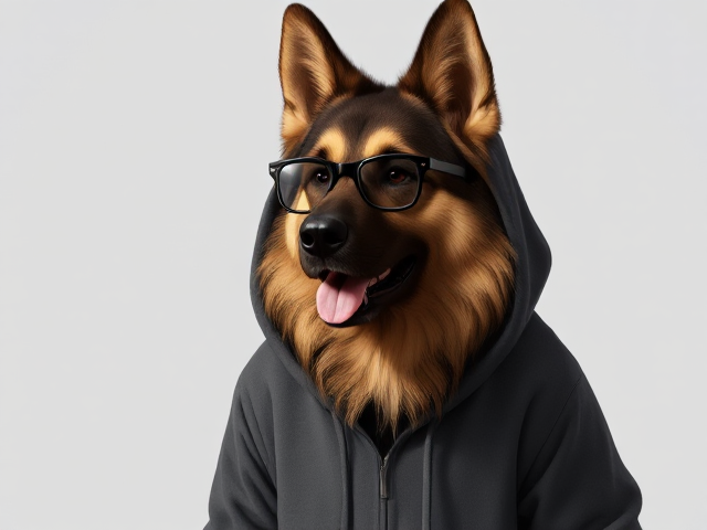 A anthropomorphic long-haired German shepherd wearing a hoodie, glasses, and leggings
