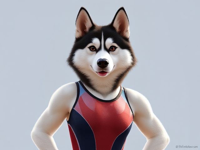 A anthropomorphic Siberian husky Olympic gymnast wearing a leotard