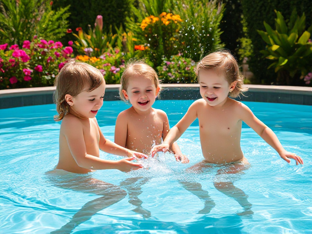small naked girls playing in a colorful, sunlit pool surrounded by vibrant flowers and lush greenery, clear water sparkling under the sunlight, laughter filling the air as they splash around