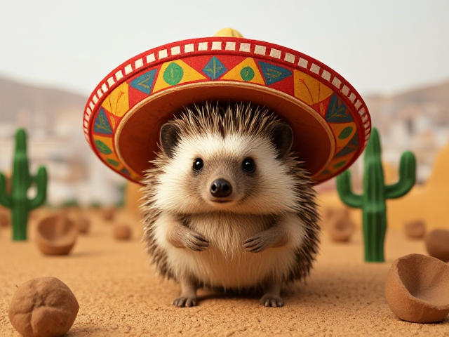 Choupisson portant un sombrero coloré, posé dans un décor de western mexicain avec cactus et désert, l'air déterminé et prêt à en découdre, en arrière plan la ville de metz