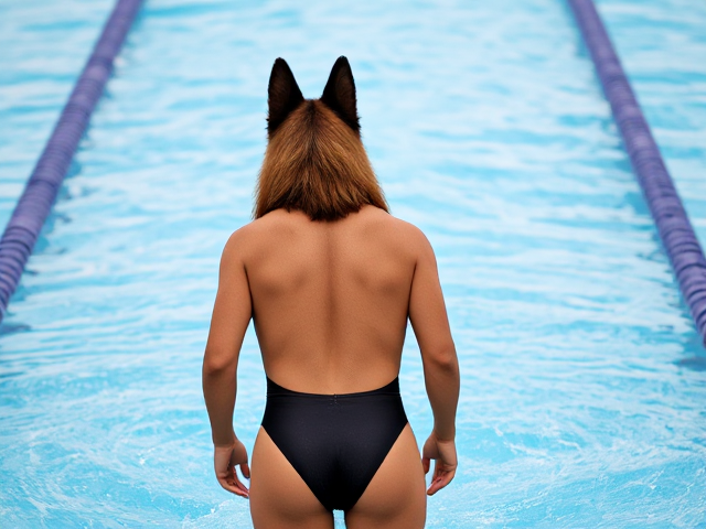 A anthropomorphic long haired German shepherd competitive swimmer wearing a high cut one piece swimsuit