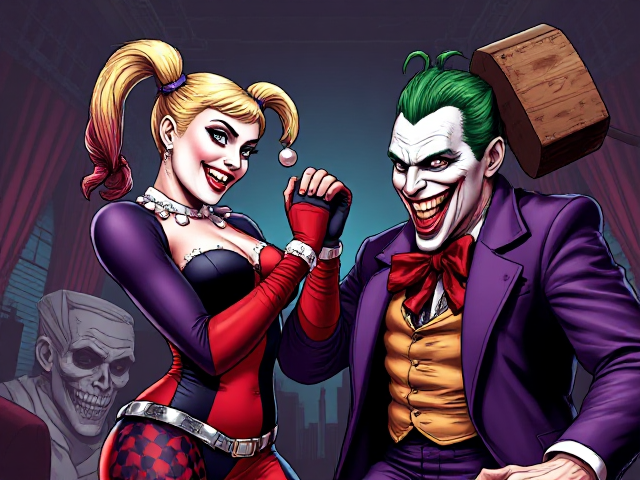 Harley Quinn hitting the joker with a comically large mallet