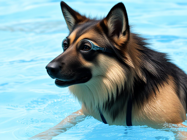 A anthropomorphic long haired German shepherd Olympic swimmer with a long torso, wearing a one-piece-swimsuit and swimming goggles