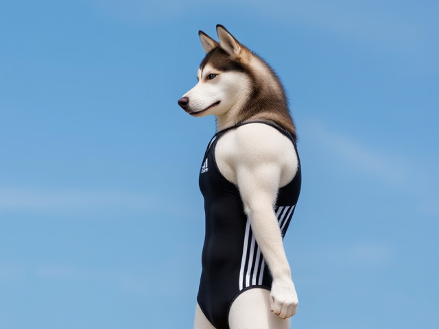 A tall anthropomorphic Siberian husky wearing an adidas swimsuit drying off with a towel