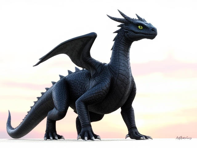 Young Female dragon with dark, midnight blue scales and obsidian black wings; obsidian black underbelly and clawed feet. She has small spikes that align from her head horns down to her back jaw. Her eyes are venom green. Narrow, beautiful face and an elegantly long neck. Has small ears like a horse. Powerfully built with taut muscles under her scales. She moves purposefully and proudly; has an expression of maturity and seriousness in her face