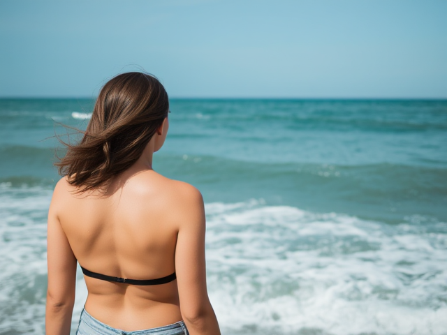 Woman in the ocean looking in the distance