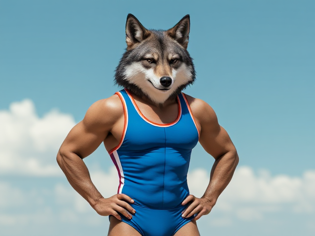 A anthropomorphic wolf wearing a sports swimsuit