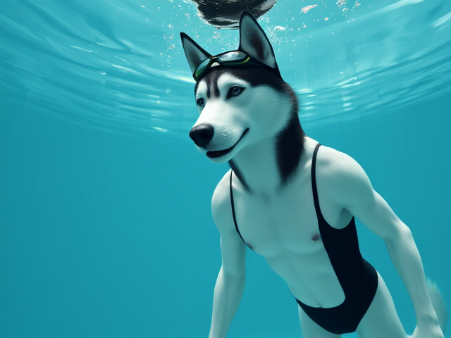 A tall and lean anthropomorphic Siberian husky with a long torso and broad shoulders, wearing a black Nike one piece swimsuit and swimming goggles, underwater