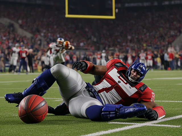 a sabretooth tiger scoring a touchdown while Optimus Prime lies defeated on the ground