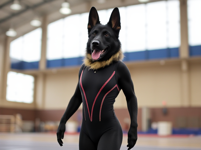 A anthropomorphic black German shepherd with blonde hair wearing a gymnastics leotard in a gymnasium