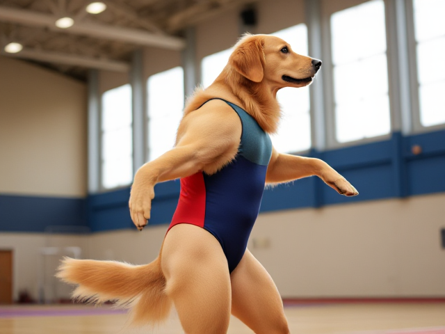 Anthropomorphic golden retriever with muscular hips, wearing a colorful gymnastics leotard, performing in a well-lit gymnasium setting