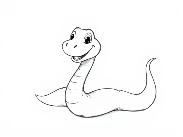 A high-quality, clear sketch of a happy cartoon-style snake with clean and bold outlines. The snake is in a full body view and is set against a plain white background. The image is designed for a children's coloring book and has no shading or colors. The lines are smooth and continuous, and there are no shadows.
