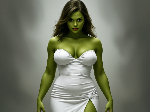 Create image of green She-Hulk wearing a badly ripped 20 or more time white dress standing.