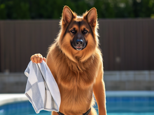 A tall anthropomorphic long haired german shepherd wearing an adidas swimsuit drying off with a towel