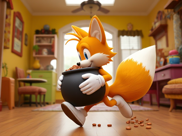 A side shot of A young and adorable depiction of a smaller, younger version of Miles "Tails" Prower the two tailed fox wearing gloves and white socks. He is running through a brightly lit, colorful house with playful decorations and furniture, carrying a GIANT pot of baked beans that he totally didn't steal. Beans are splashing out of the pot as Tails mischievously looks behind him to ensure he isn't being chased. His two fluffy tails are flowing behind him dynamically, adding to the sense of motion and excitement in the scene.