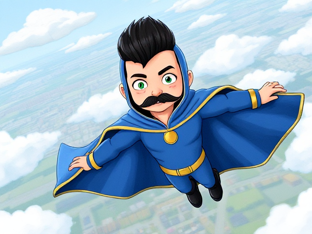 2D Modern Cartoon scene: A preteen 12-year old boy with light skin and freckles on his cheeks named Kyle Lipton, but transformed into a superhero named Dr. Dimensionpants, who, despite still being a kid, has an extremely muscular body. He wears a tight blue hood outlined by a yellow line that covers the back half of his head and leaves his ears exposed, with a smooth, slicked back black mohawk on top. He also wears a sleek blue bodysuit outlined with yellow lines on the cuffs of the sleeves and pants, a golden belt with a circular buckle, black boots, and a really big, heel-length long, ultra-wide blue cape with a really big collar outlined with yellow lines wreathed around his neck held up by a golden button. The pupils in his eyes are green, and he has a long black twin moustache, which help protect his true identity in this form. He also has incredible, invincible, and cosmic superpowers flowing through his veins. He is currently flying through the sky at high speed high above Ganderville, the city he protects, searching for trouble, his cape billowing majestically.